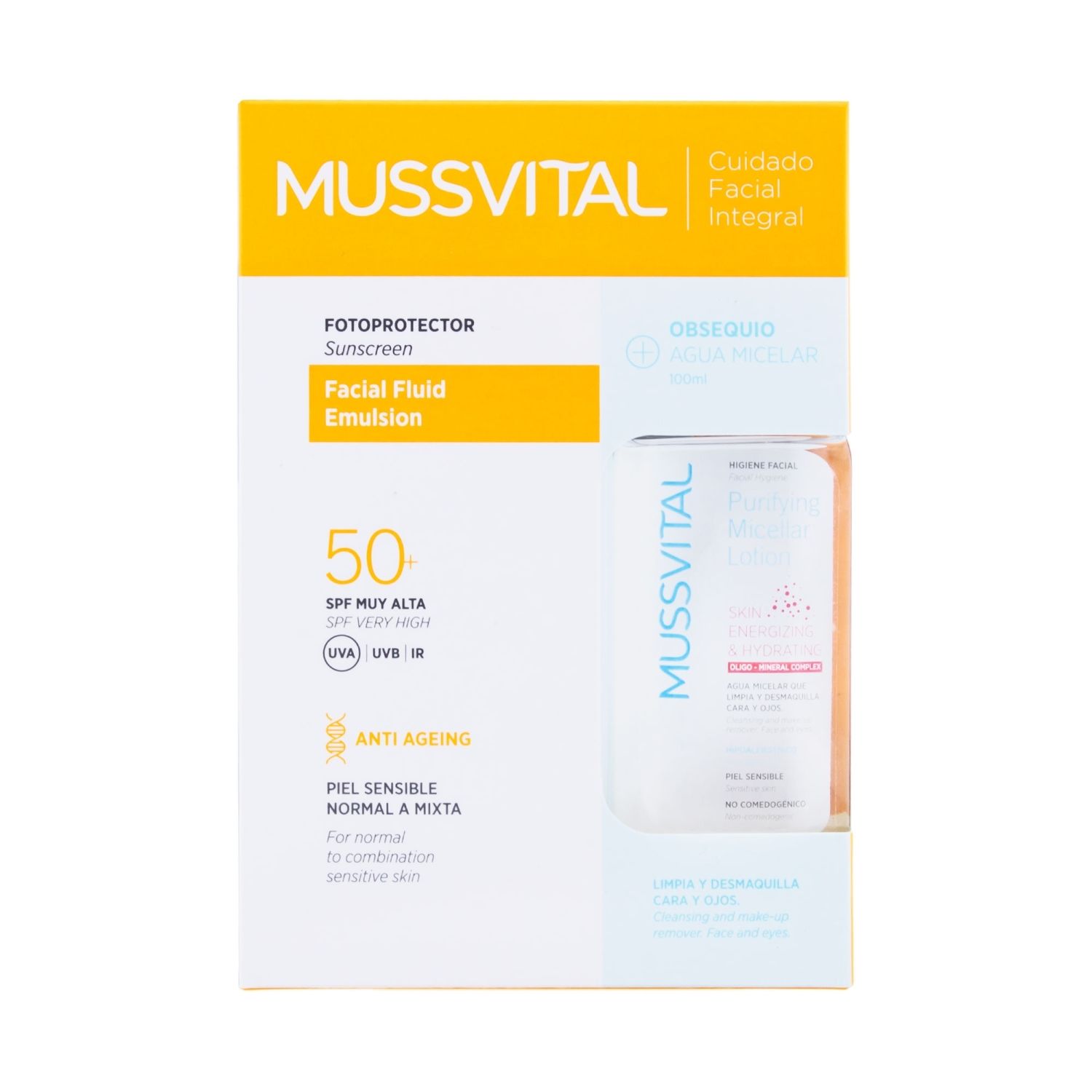mussvital crema facial fluid emulsion spf50 50 ml agua micelar 100ml